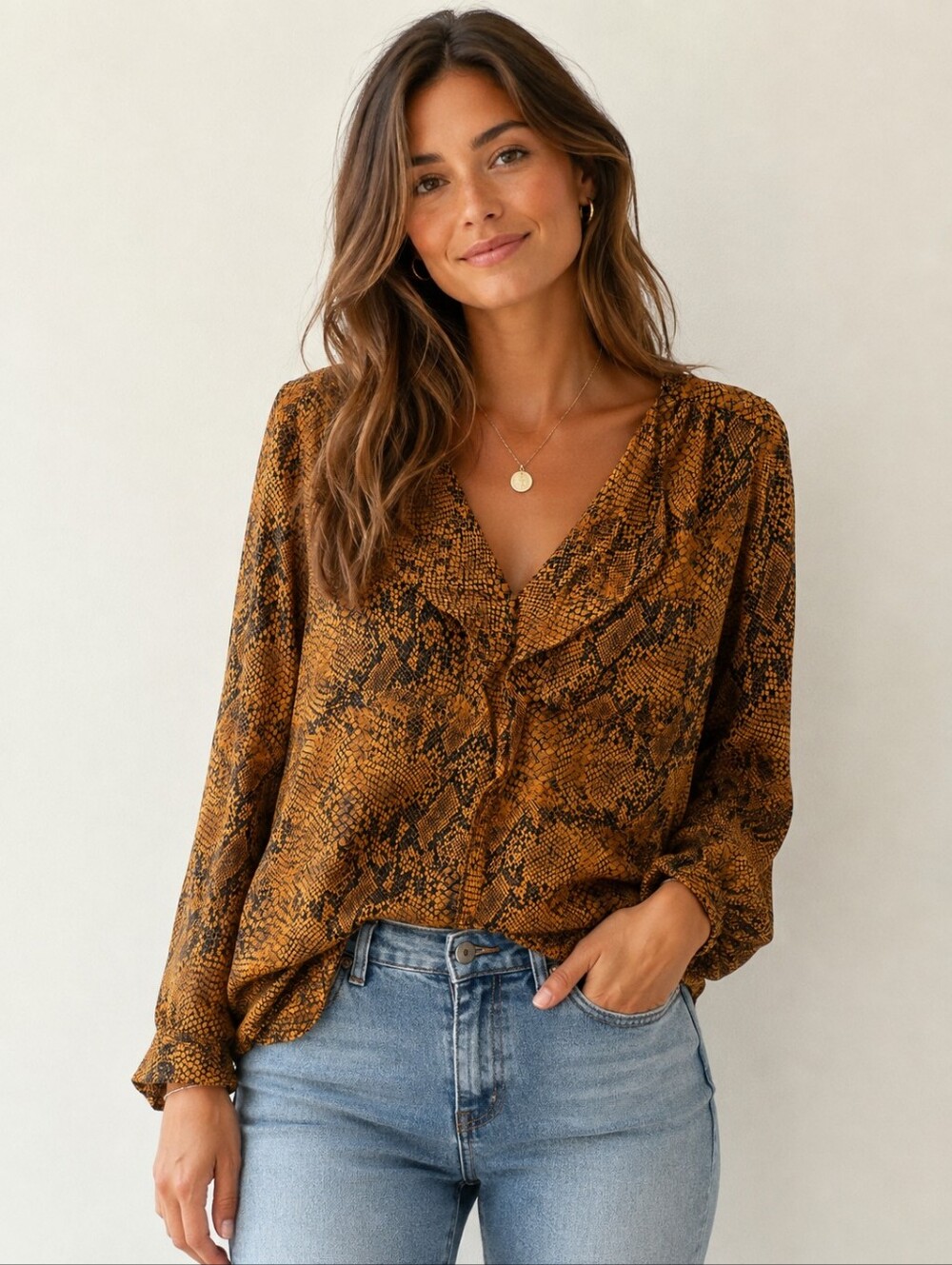 T. Babaton 100% Silk Snakeskin Print Blouse Draped Neck Long Sleeve Size XS